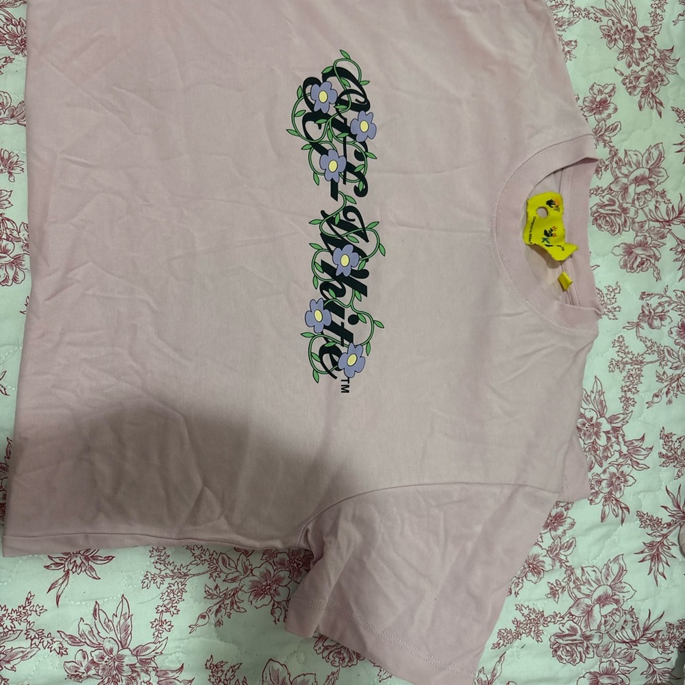 Off-White Light Pink Kids Tee with Floral Graphic
